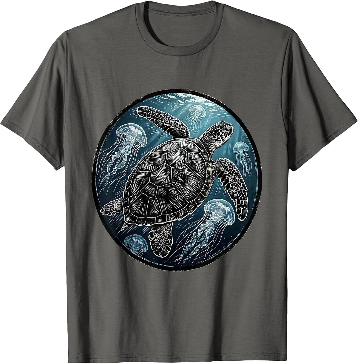 Men's Sea Turtle Swimming Through Jellyfish Bloom T-Shirt - Asphalt Grey