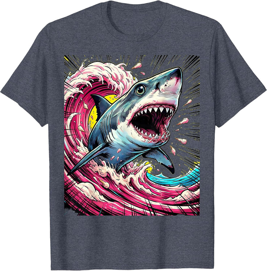 Shark Ice Cream Wave Burst Graphic Tee T-Shirt - Heather Blue