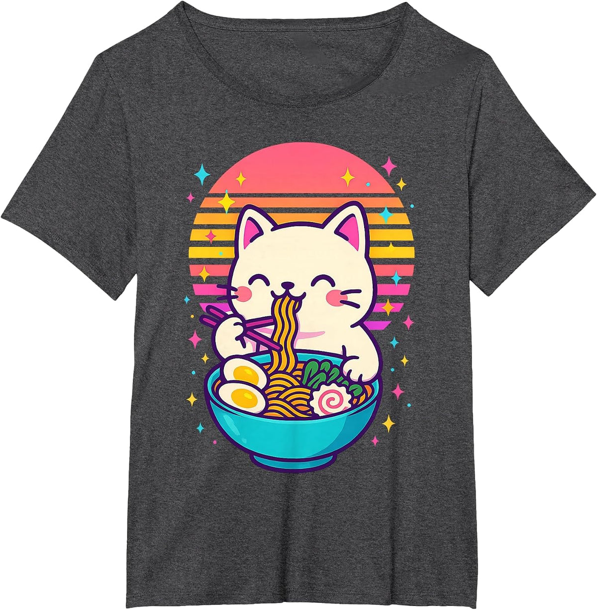 Anime Cat Eating Ramen Japanese T-Shirt - Dark Heather Grey