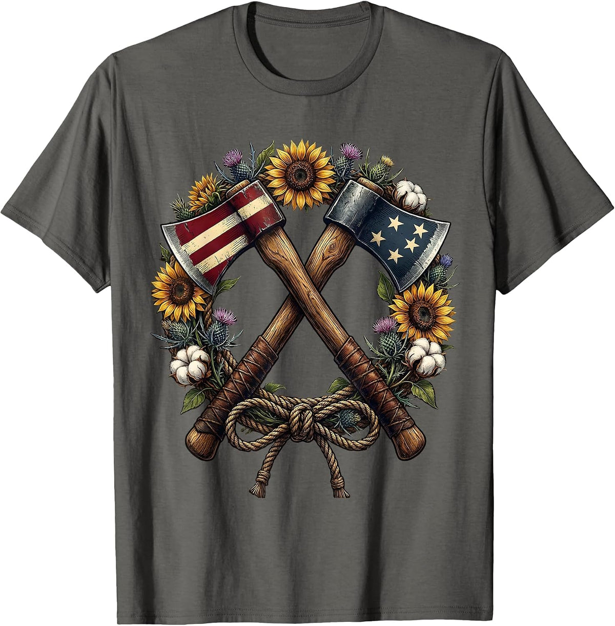 Red White and Blue Crossed Axes Floral Wreath Design T-Shirt - Asphalt Grey