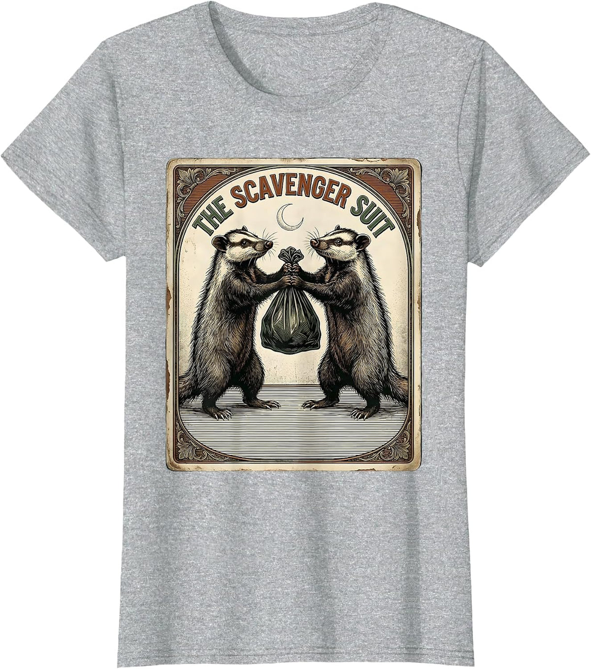The Scavenger Suit Vintage Occult Tarot Card Opossum Humor T-Shirt - Heather Grey