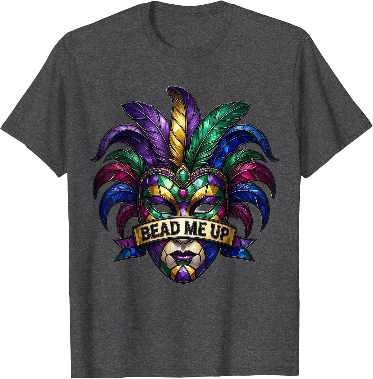 Men's Bead Me Up Mardi Gras Festive Design T-Shirt - Dark Heather Grey
