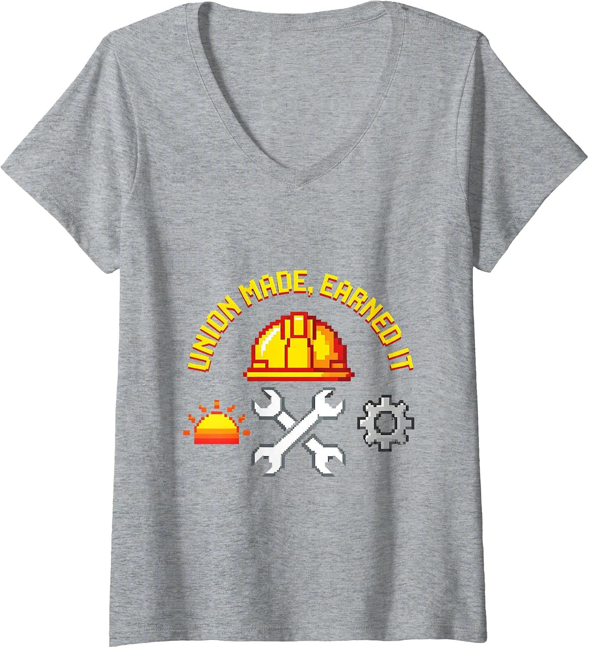Women's Union Made, Earned It Retro Badge Design V-Neck T-Shirt - Heather Grey