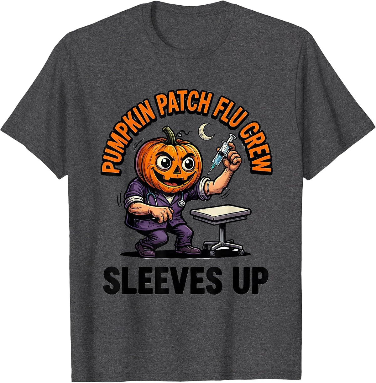 Pumpkin Patch Flu Crew Sleeves Up Funny Nurse Ghost T-Shirt - Dark Heather Grey