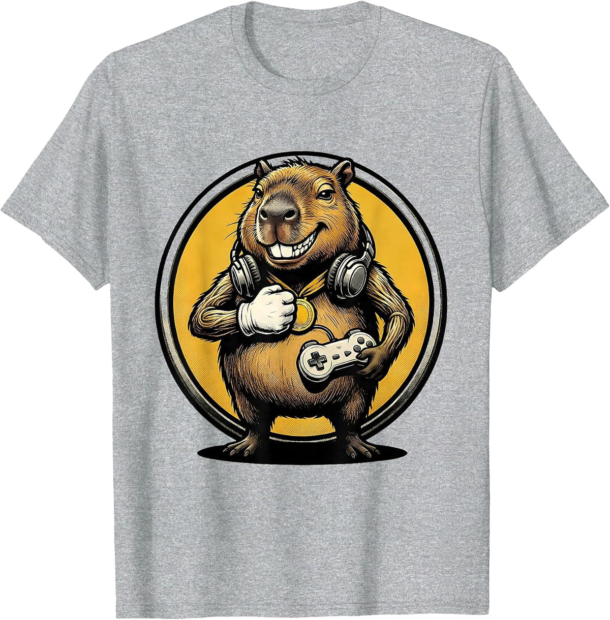 Men's Capybara Gamer Retro Cartoon Funny Meme Humor T-Shirt - Heather Grey