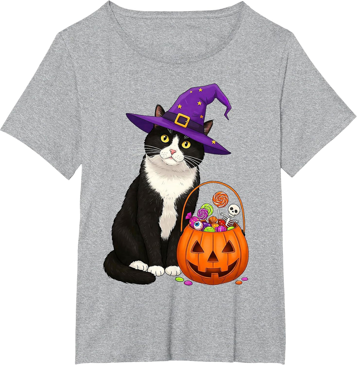 Tuxedo Witch Cat & Halloween Candy Basket for Men Women Kids T-Shirt - Heather Grey