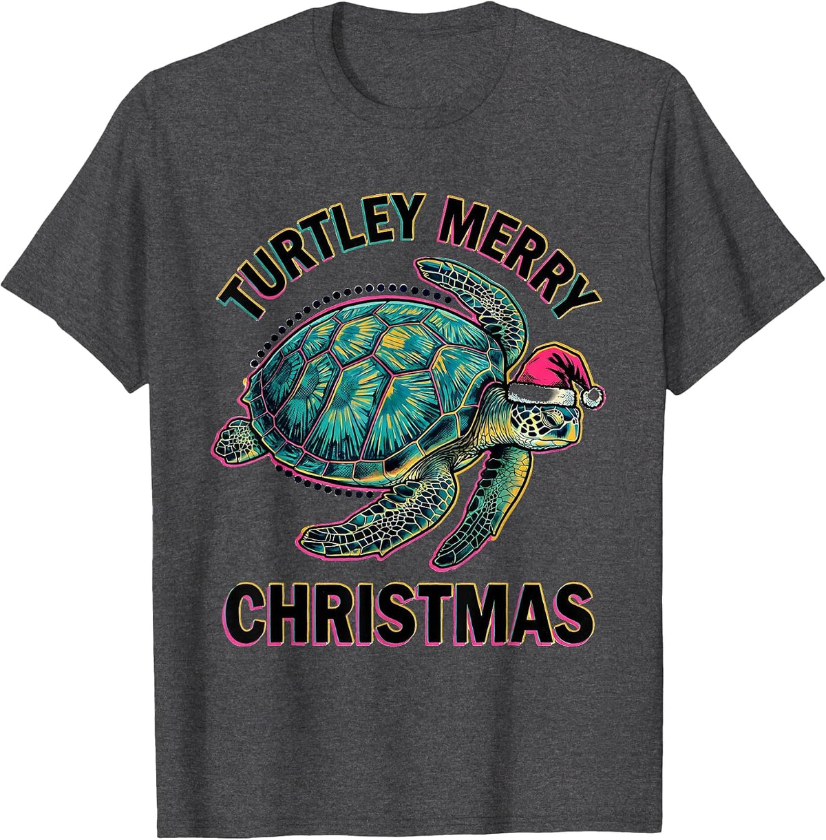 Men's Turtley Merry Christmas Risograph Sea Turtle Santa Hat T-Shirt - Dark Heather Grey