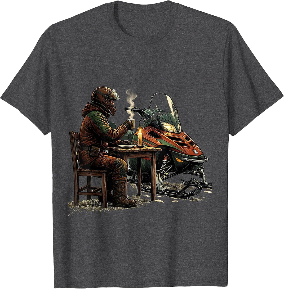 Helmeted Rider Snowmobile Dinner Humor Gift T-Shirt - Dark Heather Grey