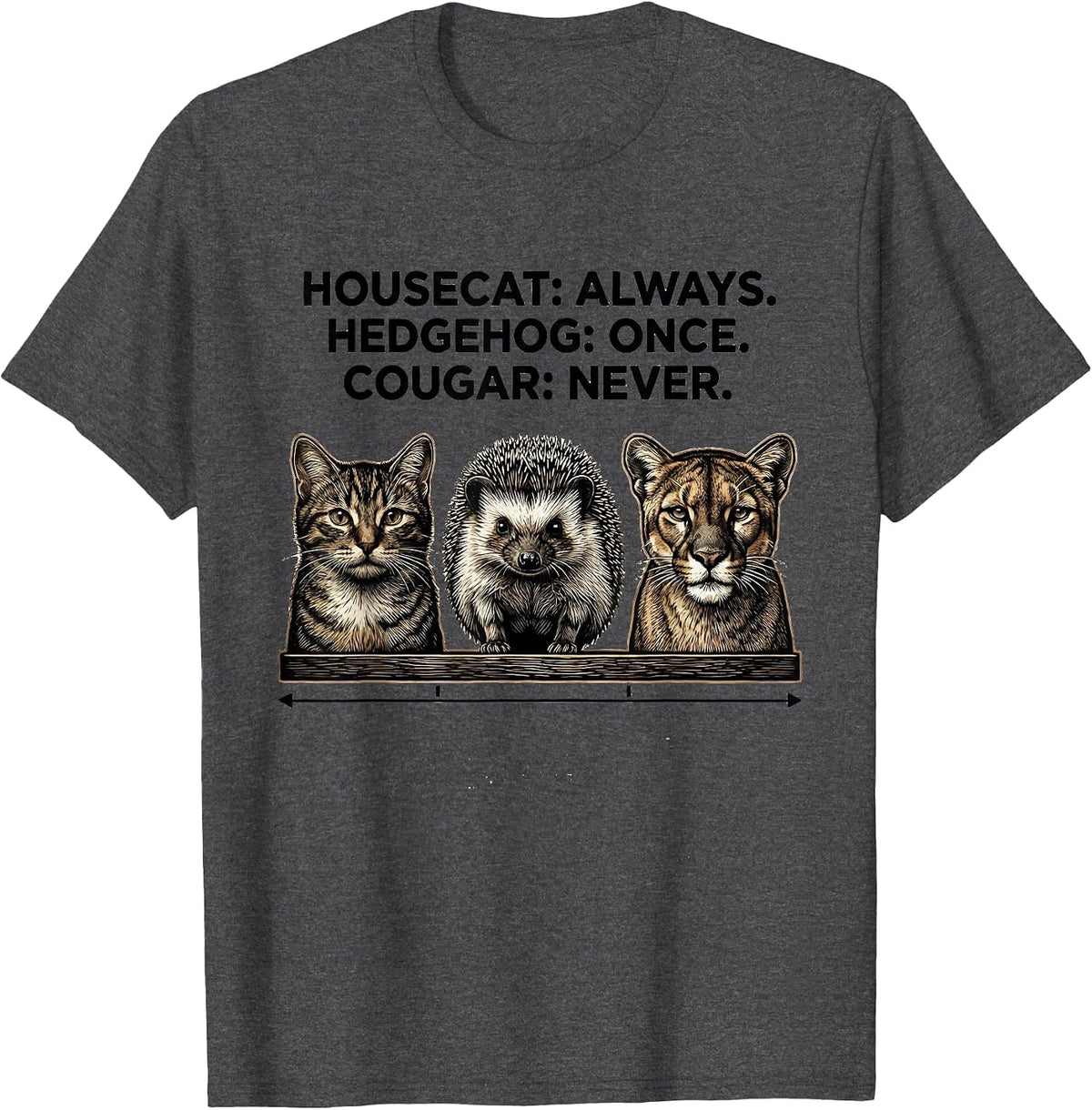 Housecat: Always. Hedgehog: Once. Cougar: Never. Funny T-Shirt - Dark Heather Grey
