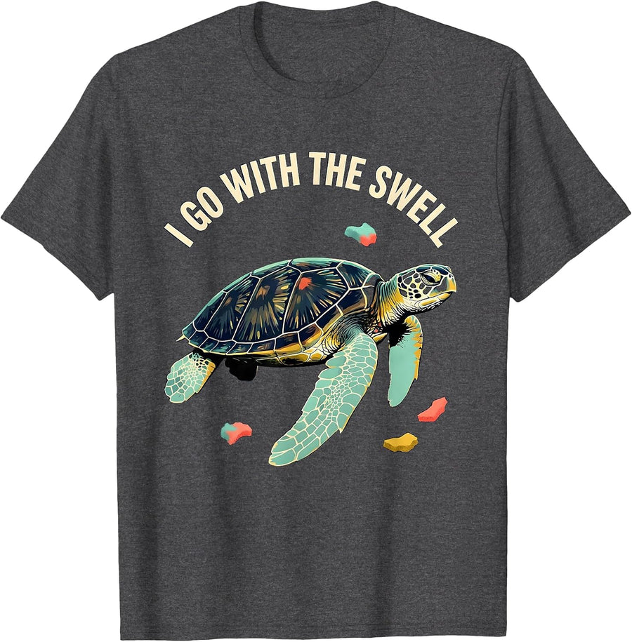 Men's I Go With The Swell Screenprint Sea Turtle Tropical Souvenir T-Shirt - Dark Heather Grey