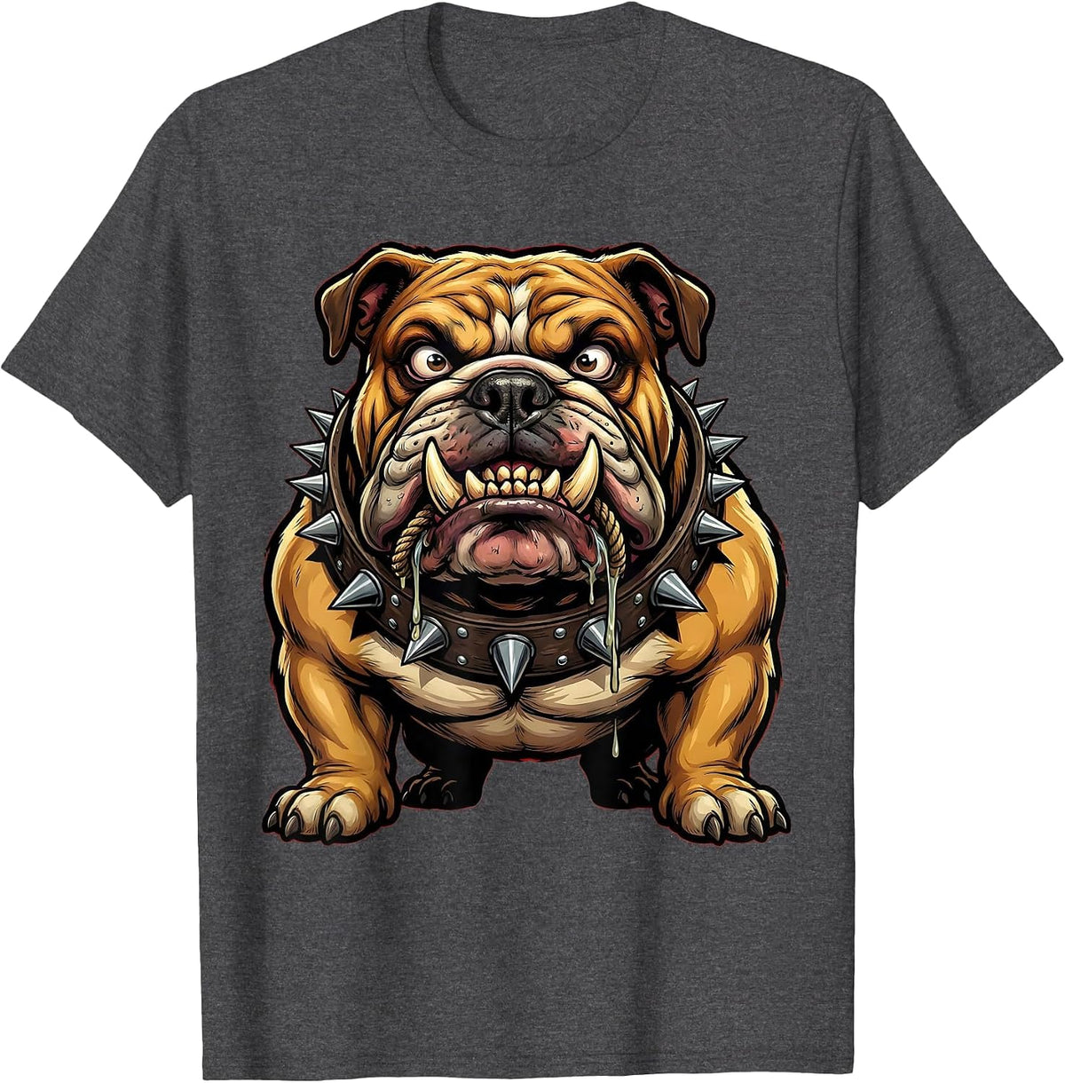 Drooling Bulldog Spiked Collar Graphic Tee T-Shirt - Dark Heather Grey
