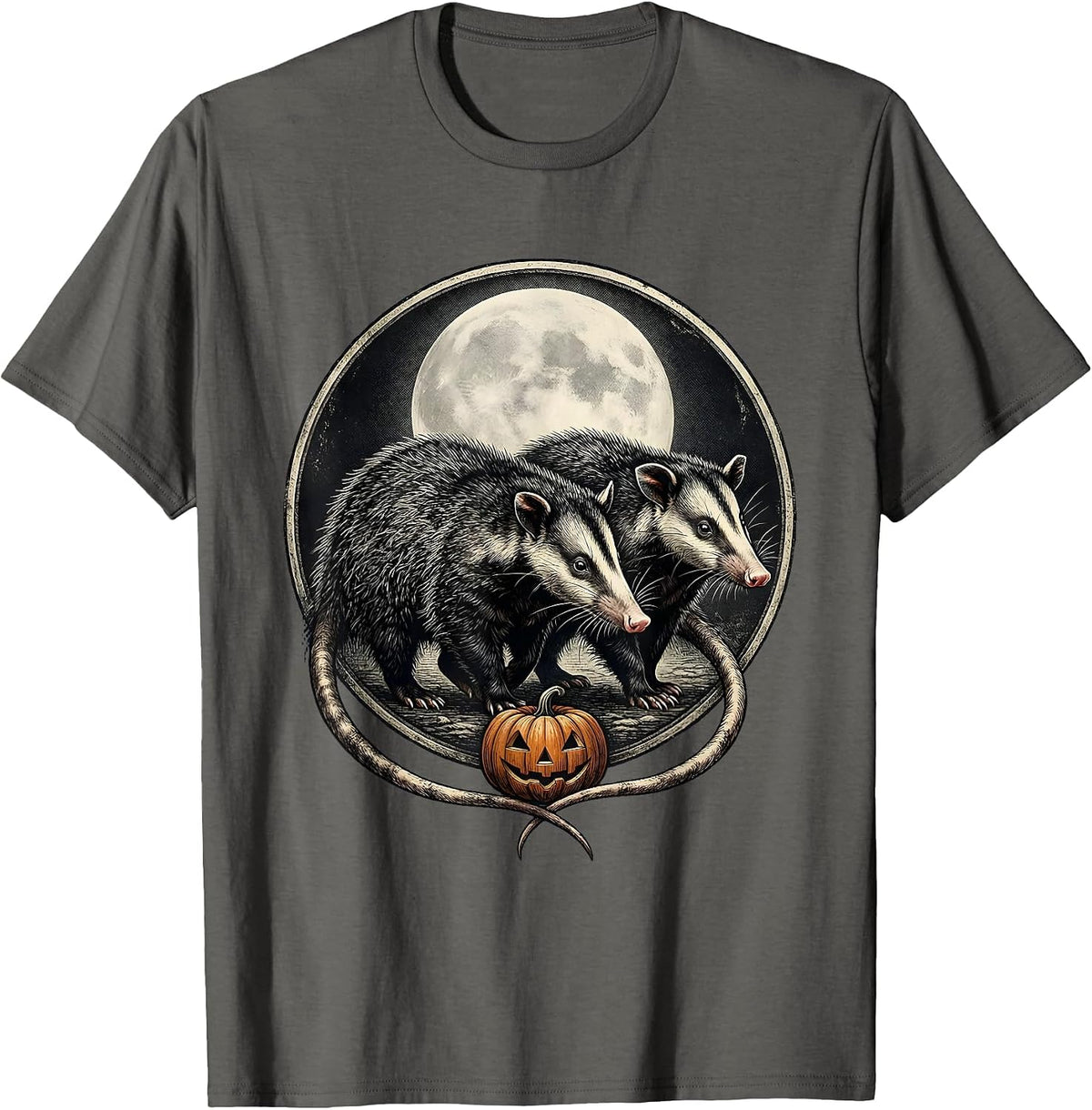 Vintage Opossum Moon Spooky Halloween T-Shirt - Asphalt Grey