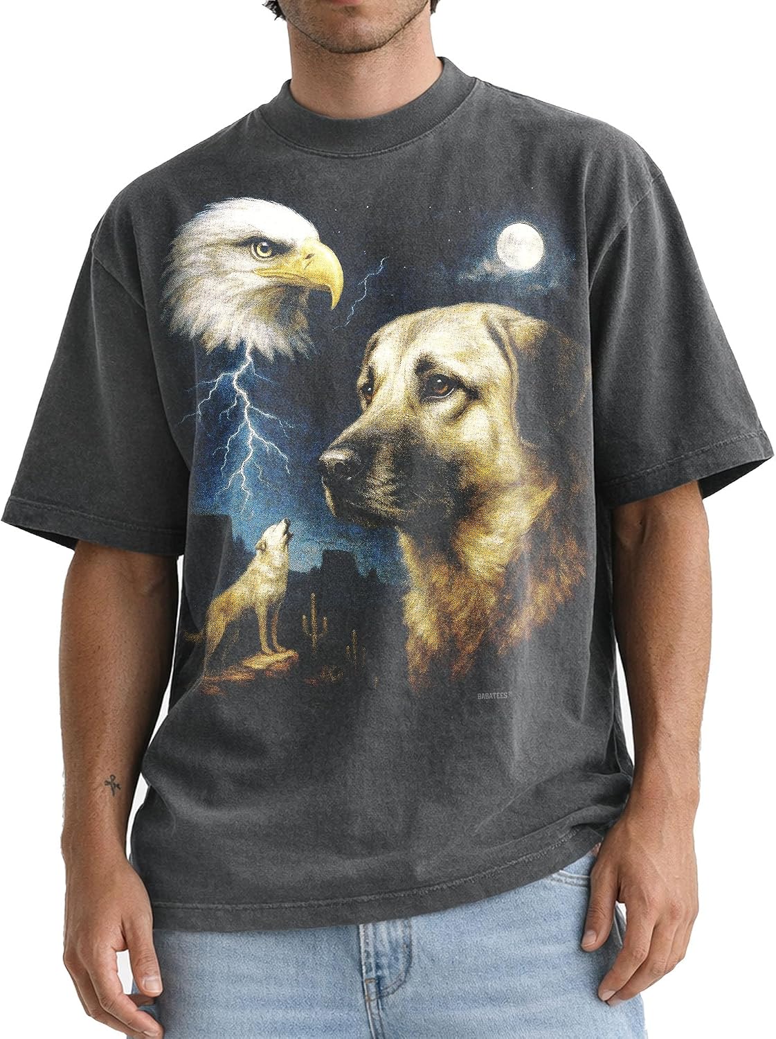 Shaka Wear Dog & Bald Eagle Thunder Tshirt - Faded Max-Heavyweight 7.5oz Oversized & Boxy - Anatolian Shepherd Dog