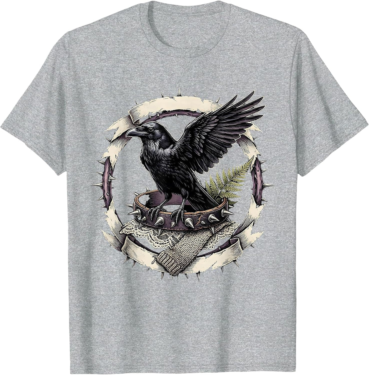 Men's Raven on Spiked Bracelet Punk Gothic Art T-Shirt - Heather Grey