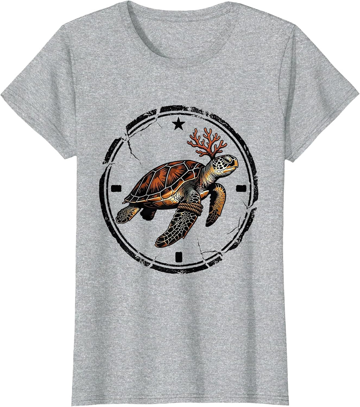 Women's Sea Turtle Stamp Christmas Lights Santa Hat Holiday Humor T-Shirt - Heather Grey