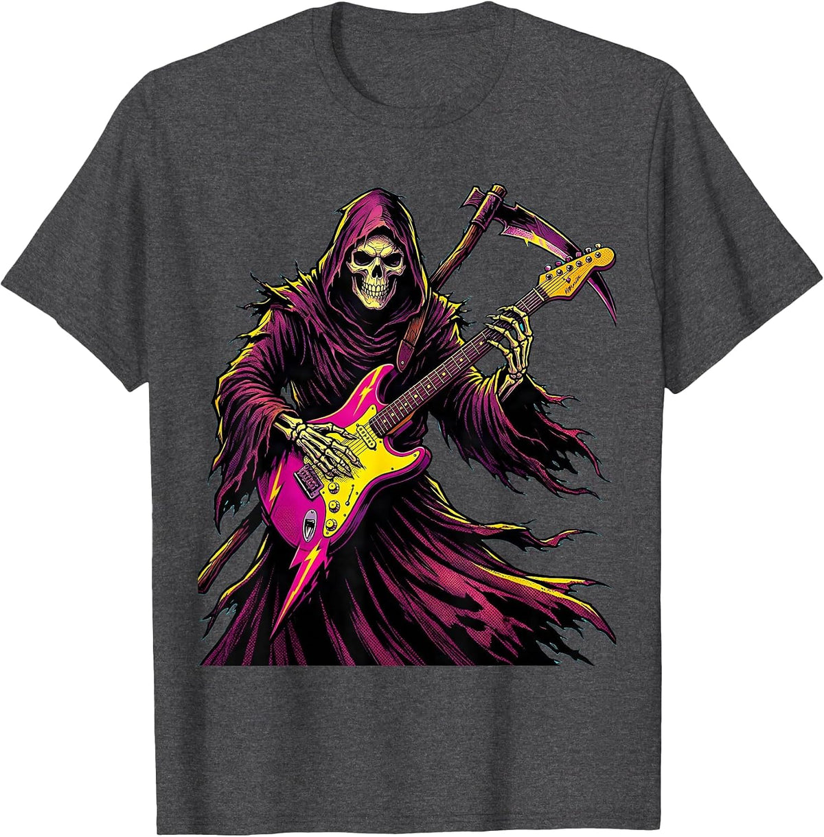 Men's Grim Reaper Electric Guitar Halloween Design T-Shirt - Dark Heather Grey