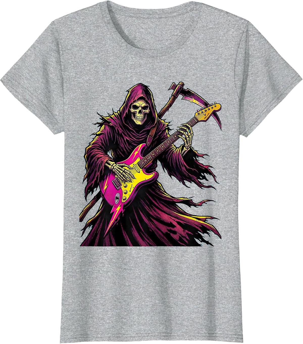 Women's Grim Reaper Electric Guitar Halloween Design T-Shirt - Heather Grey