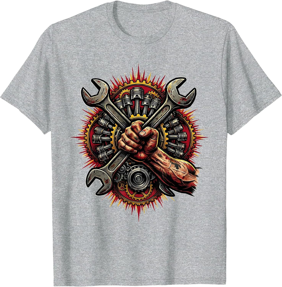 Men's Mechanic Peering Under Car Hood Illustration T-Shirt - Heather Grey