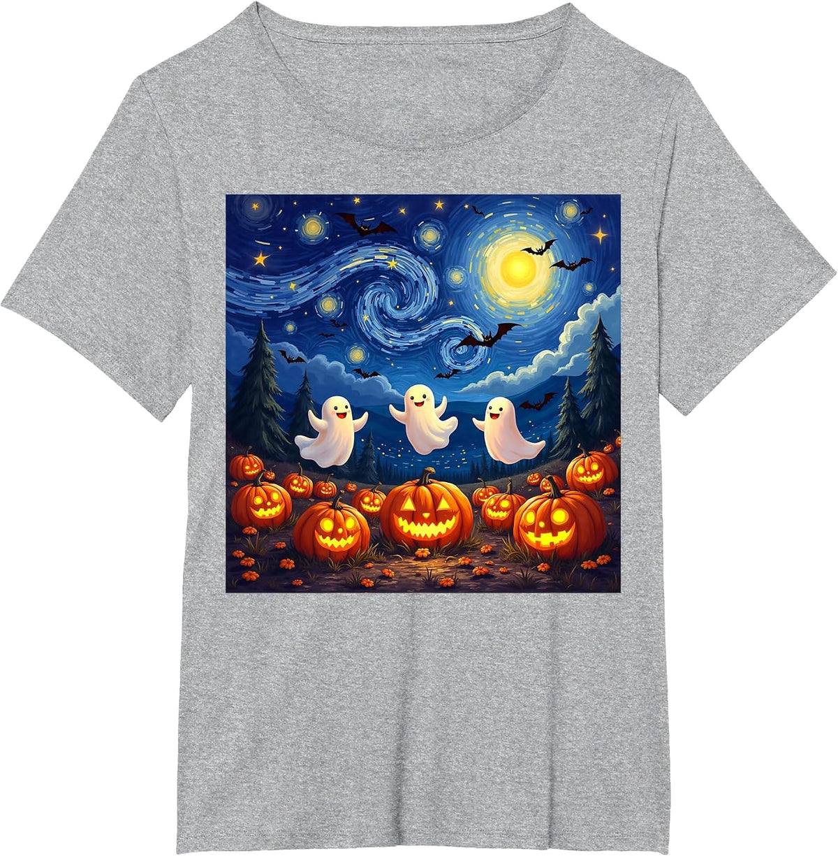 Boo Ghost Halloween Pumpkin Starry Night Van Gogh Men Women T-Shirt - Heather Grey