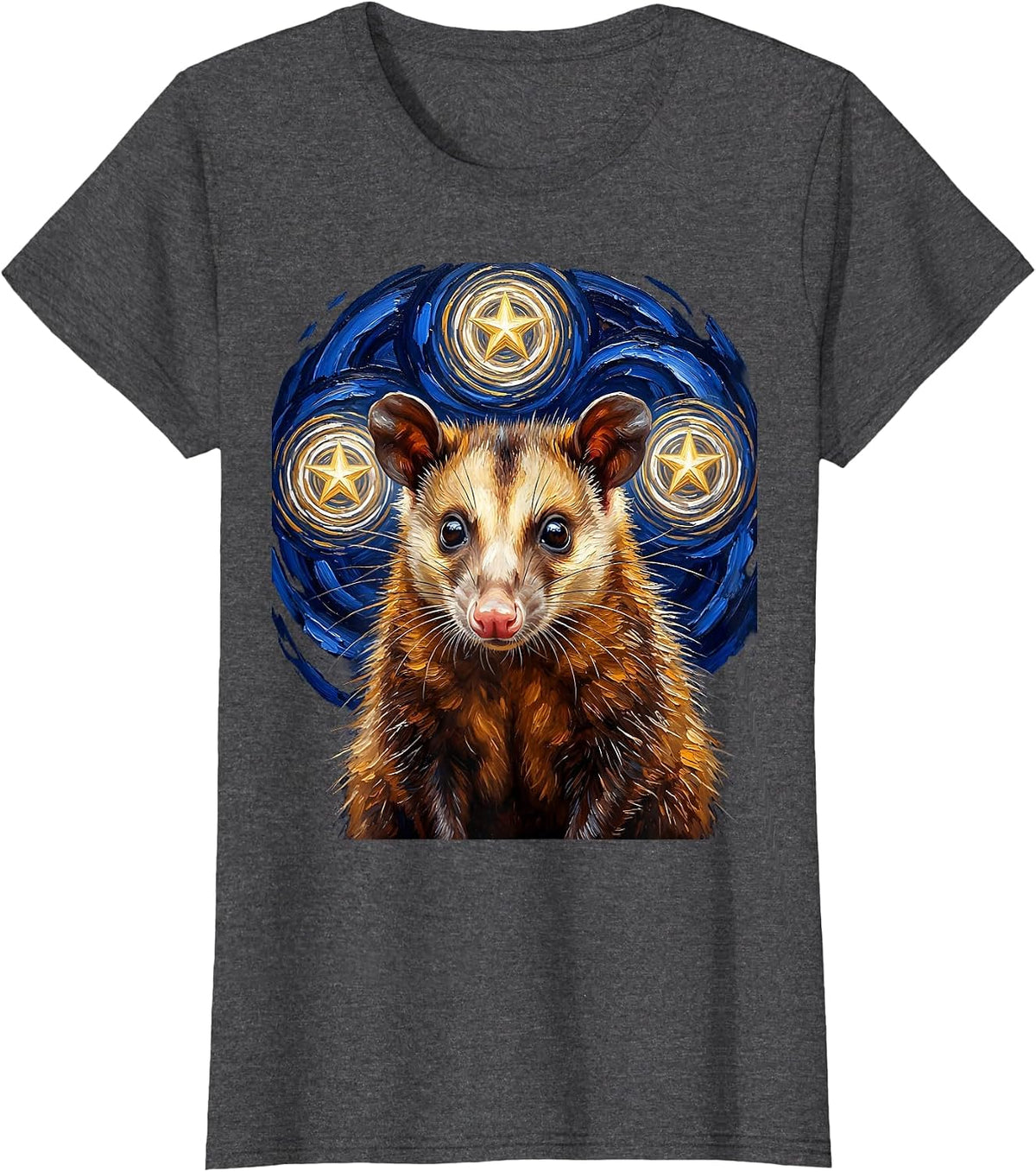 Women's Virginia Opossum Starry Night Animal Lover Surrealism T-Shirt - Dark Heather Grey