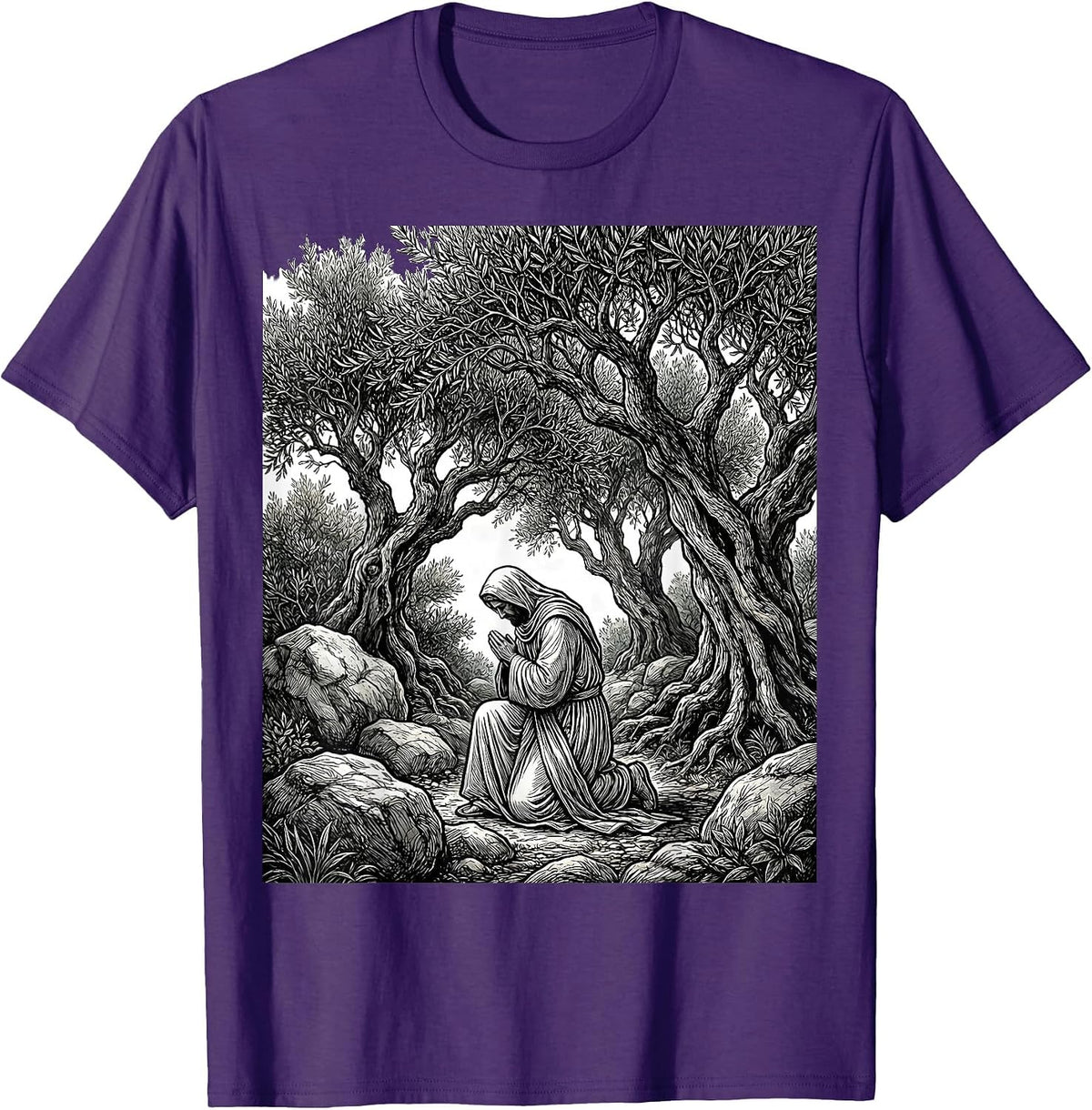 Jesus Kneeling in Gethsemane Garden Illustration T-Shirt - Purple