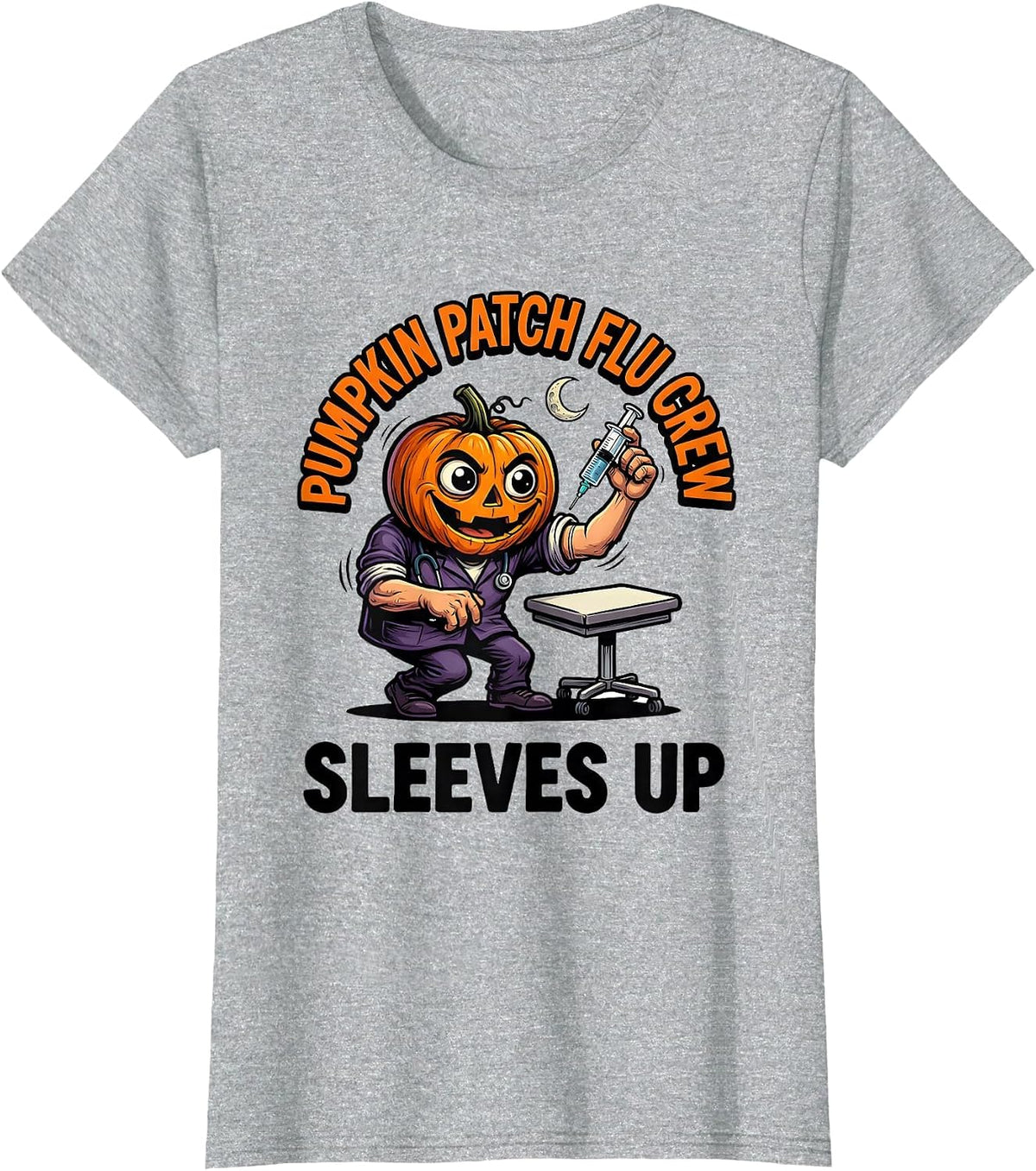 Pumpkin Patch Flu Crew Sleeves Up Funny Nurse Ghost T-Shirt - Heather Grey