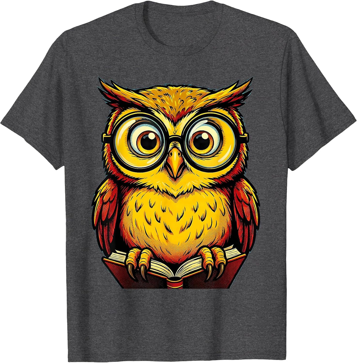 Funny Owl With Reading Glasses On Tiny Book T-Shirt - Dark Heather Grey