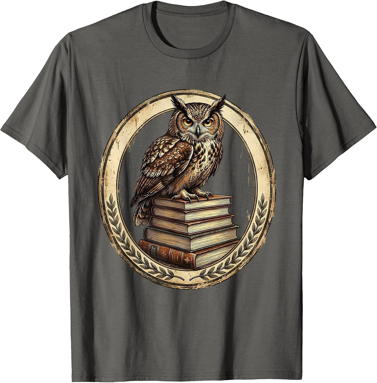 Men's Wise Owl on Stacked Textbooks Teacher Gift T-Shirt - Asphalt Grey