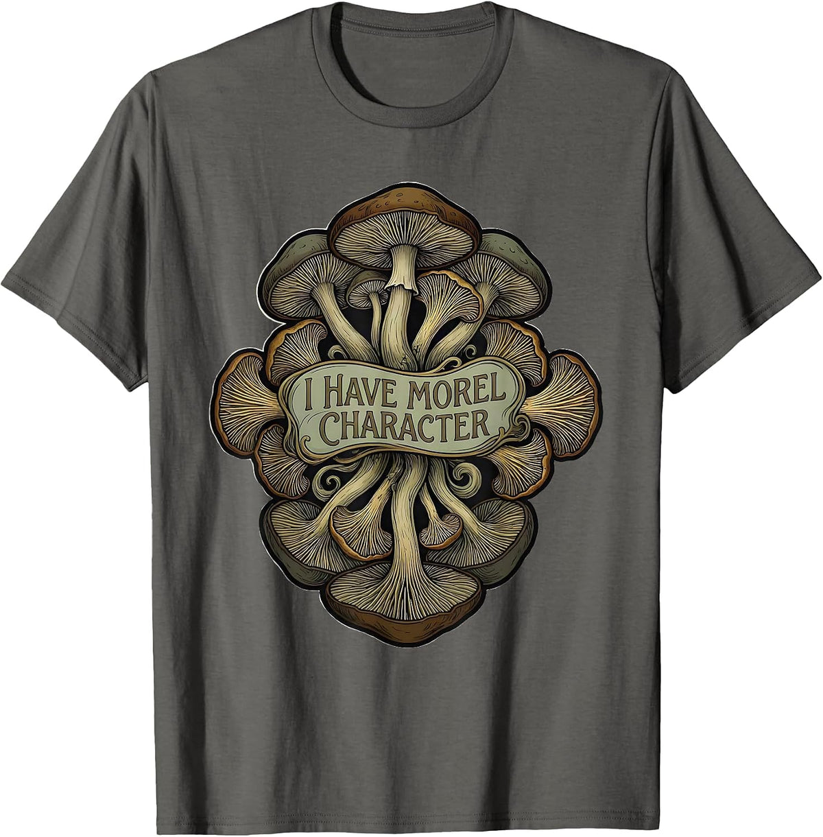 Men's I Have Morel Character Art Nouveau Mushroom Foraging Humor T-Shirt - Asphalt Grey