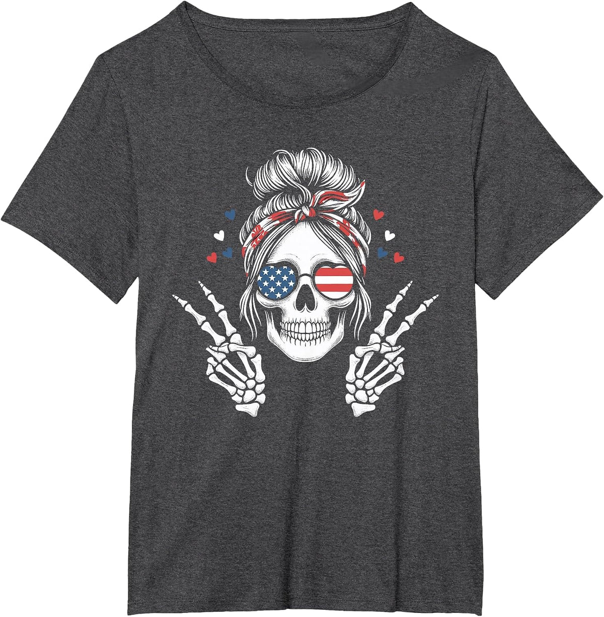 Patriotic American Flag Skull Messy Bun Peace USA 4th July T-Shirt - Dark Heather Grey