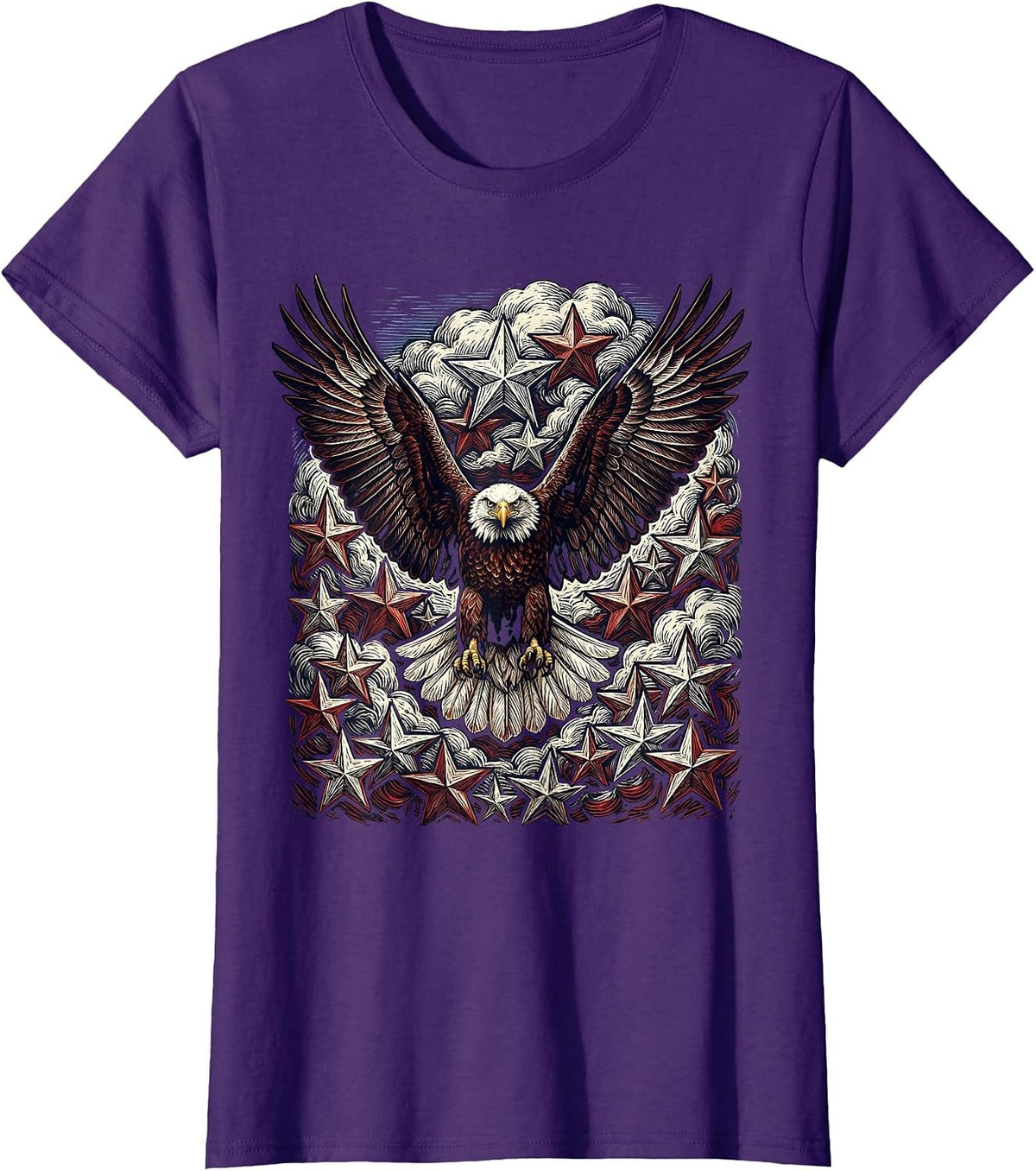 Women's American Flag Eagle Flying Through Stars T-Shirt - Purple
