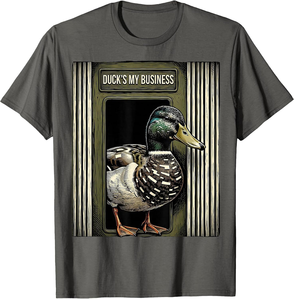 Duck's My Business Woodcut Engraving Funny Duck Hunting Camo T-Shirt - Asphalt Grey