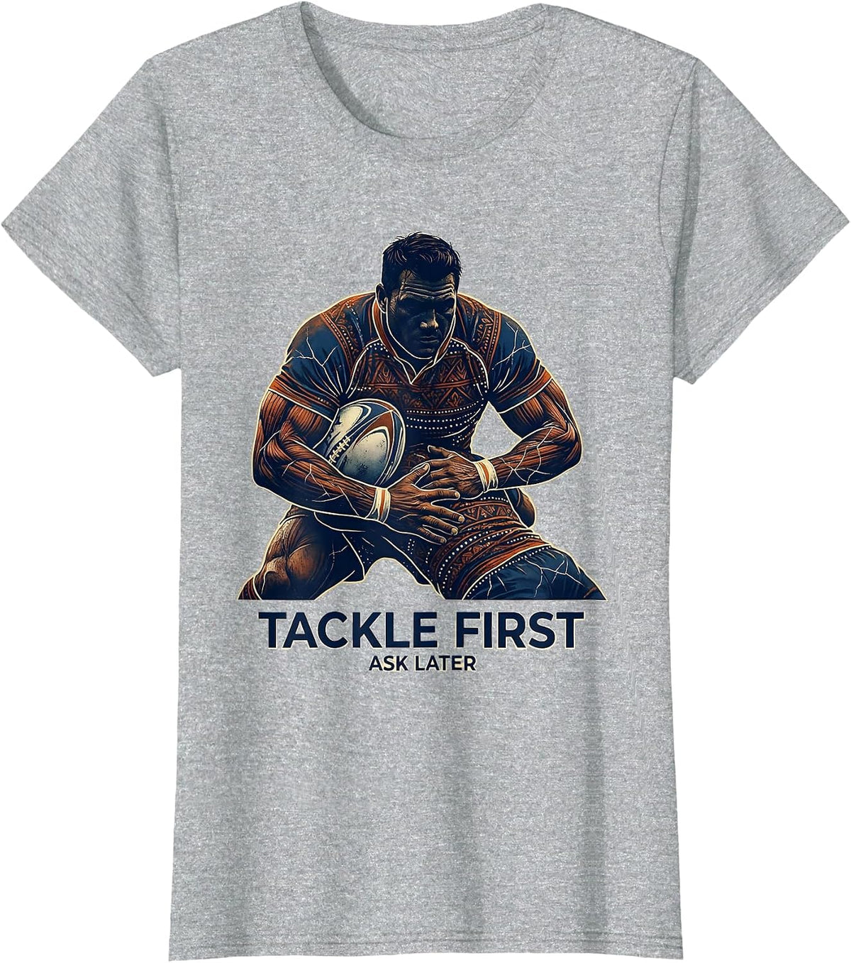 Tackle First Ask Later Rugby Graphic Design T-Shirt - Heather Grey