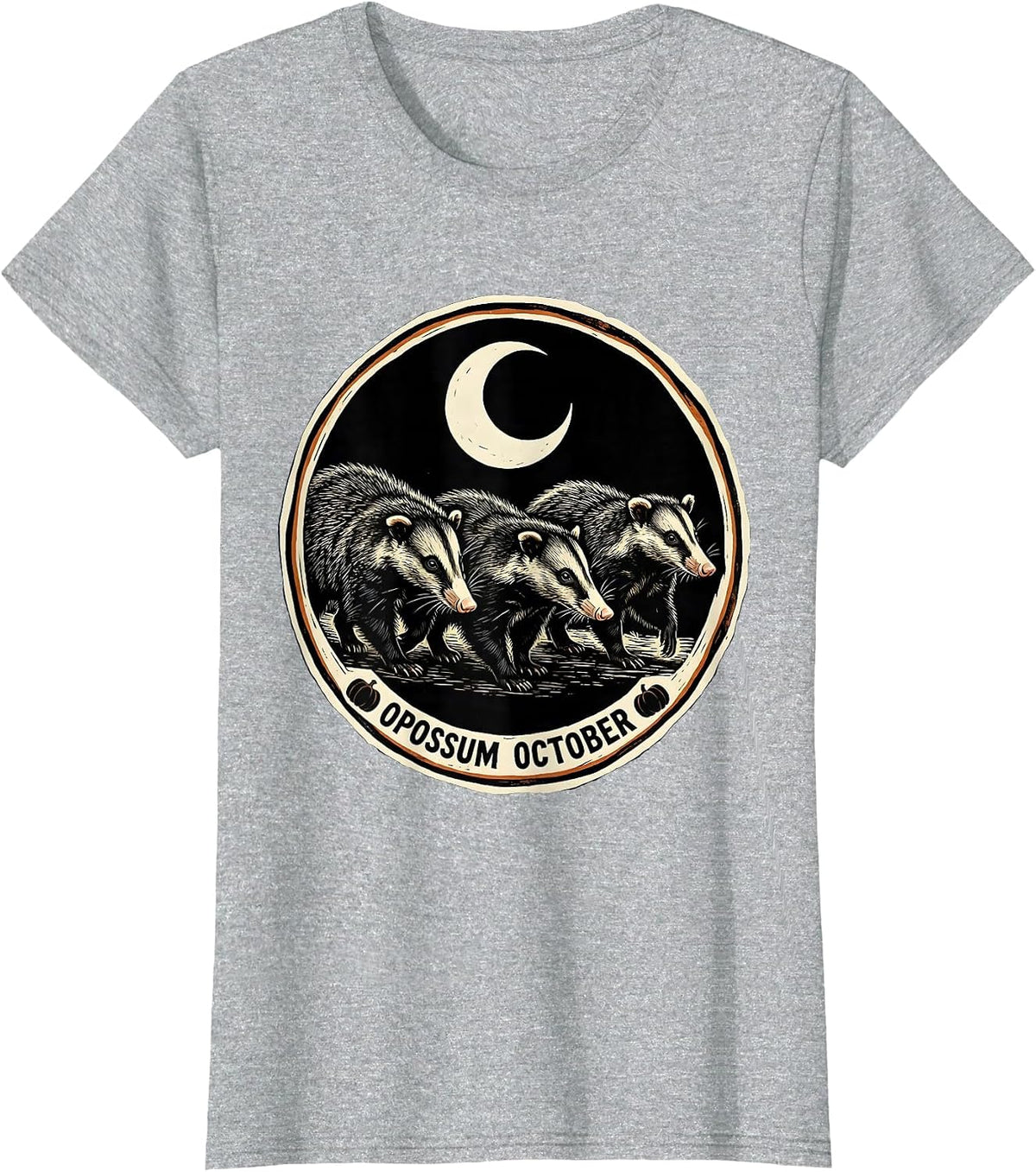 Women's Opossum October Linocut Vintage Spooky Halloween Moon T-Shirt - Heather Grey