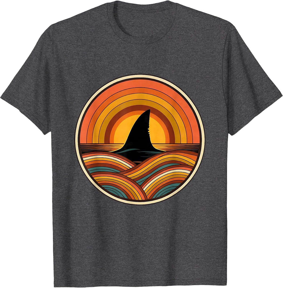 Shark Fin Glassy Ocean Wave Surf Design T-Shirt - Dark Heather Grey