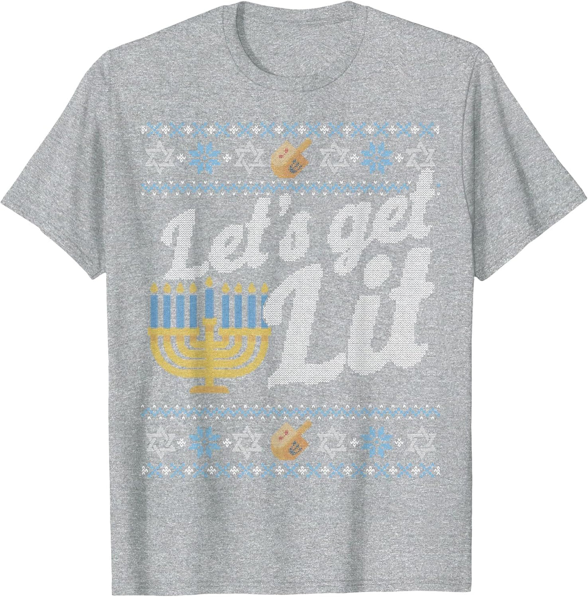 Funny Ugly Hanukkah Sweater Shirt Let's Get Lit Drinking tee T-Shirt - Heather Grey