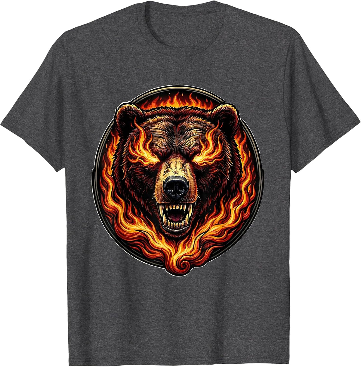 Bear Skull With Fire Pouring From Eyes T-Shirt - Dark Heather Grey