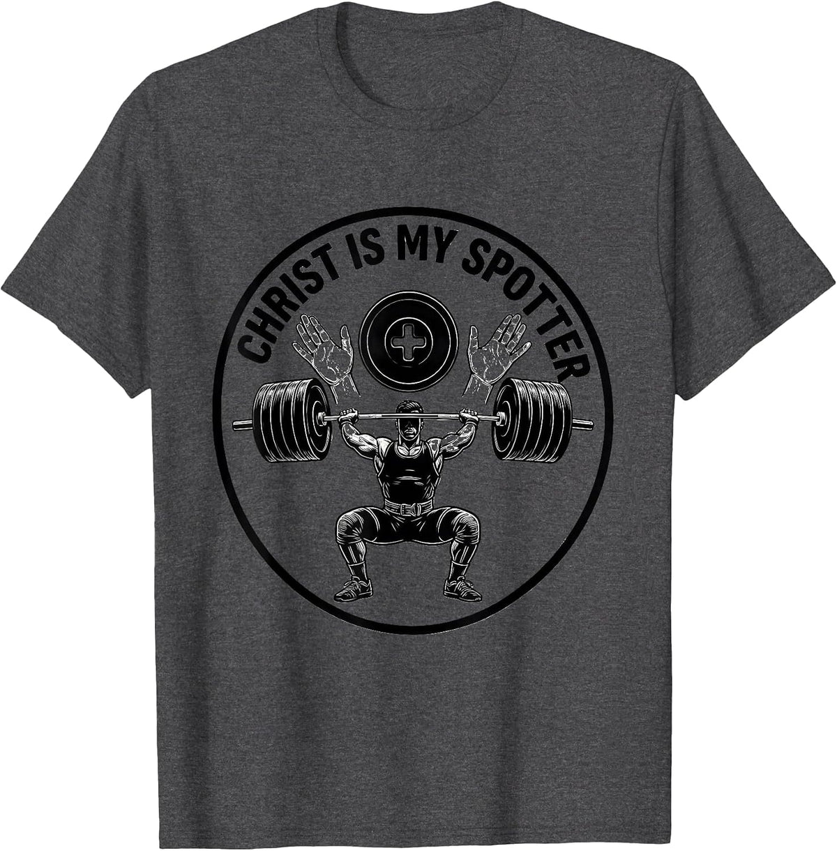 Men's Christ Is My Spotter Faith Gym Christian Weightlifter Humor T-Shirt - Dark Heather Grey