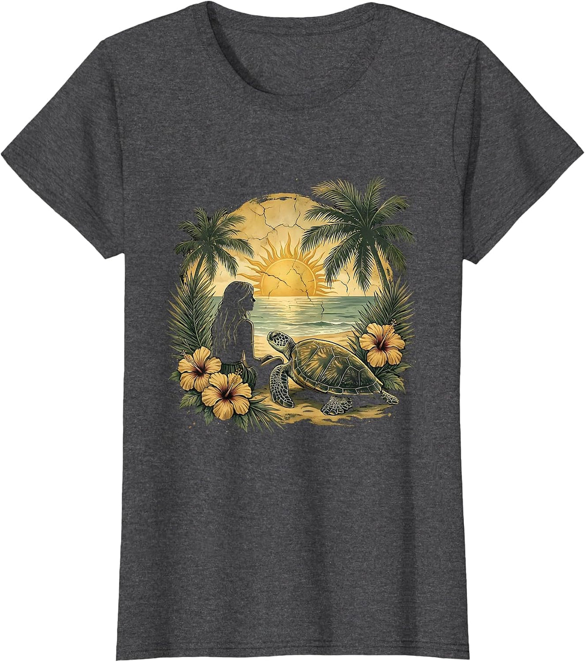 Women's Girl On Beach With Sea Turtle Hawaiian Design T-Shirt - Dark Heather Grey
