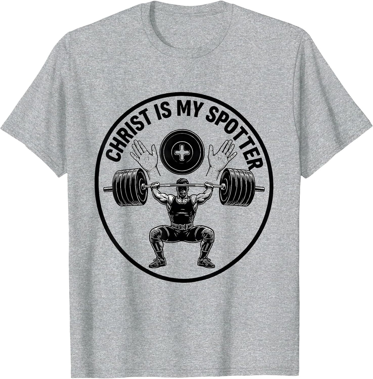 Men's Christ Is My Spotter Faith Gym Christian Weightlifter Humor T-Shirt - Heather Grey