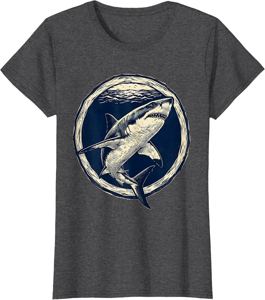 Women's Great White Shark Underwater Hawaiian Ocean Design T-Shirt - Dark Heather Grey