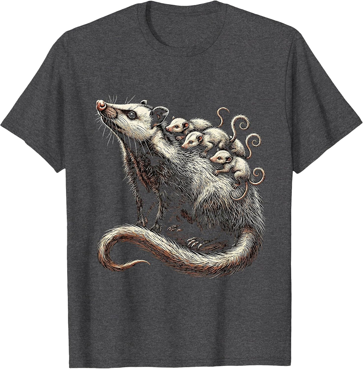 Opossum Mother and Babies Graphic Tee T-Shirt - Dark Heather Grey
