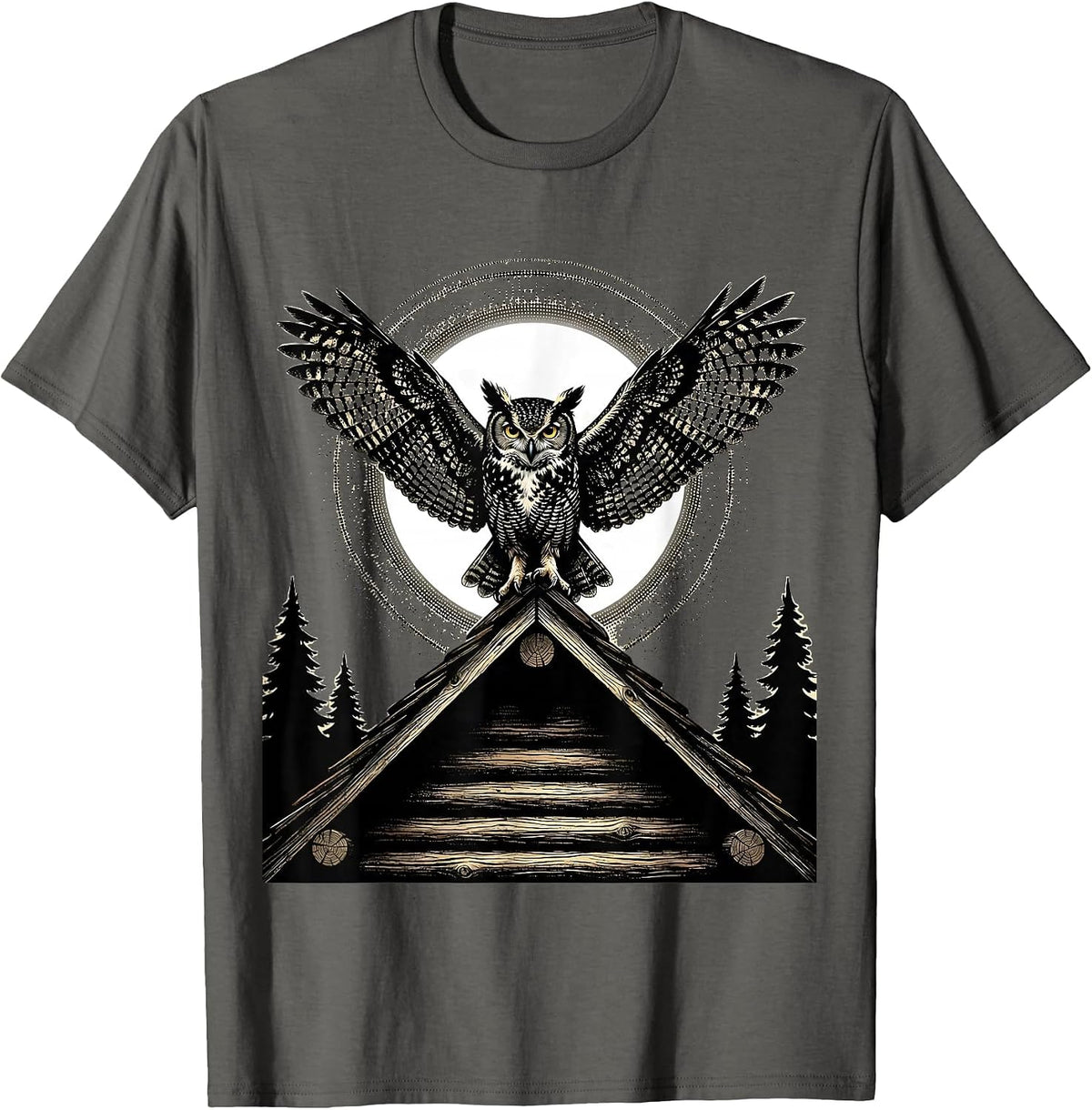 Men's Owl on Cabin Rooftop Night Scene Illustration T-Shirt - Asphalt Grey