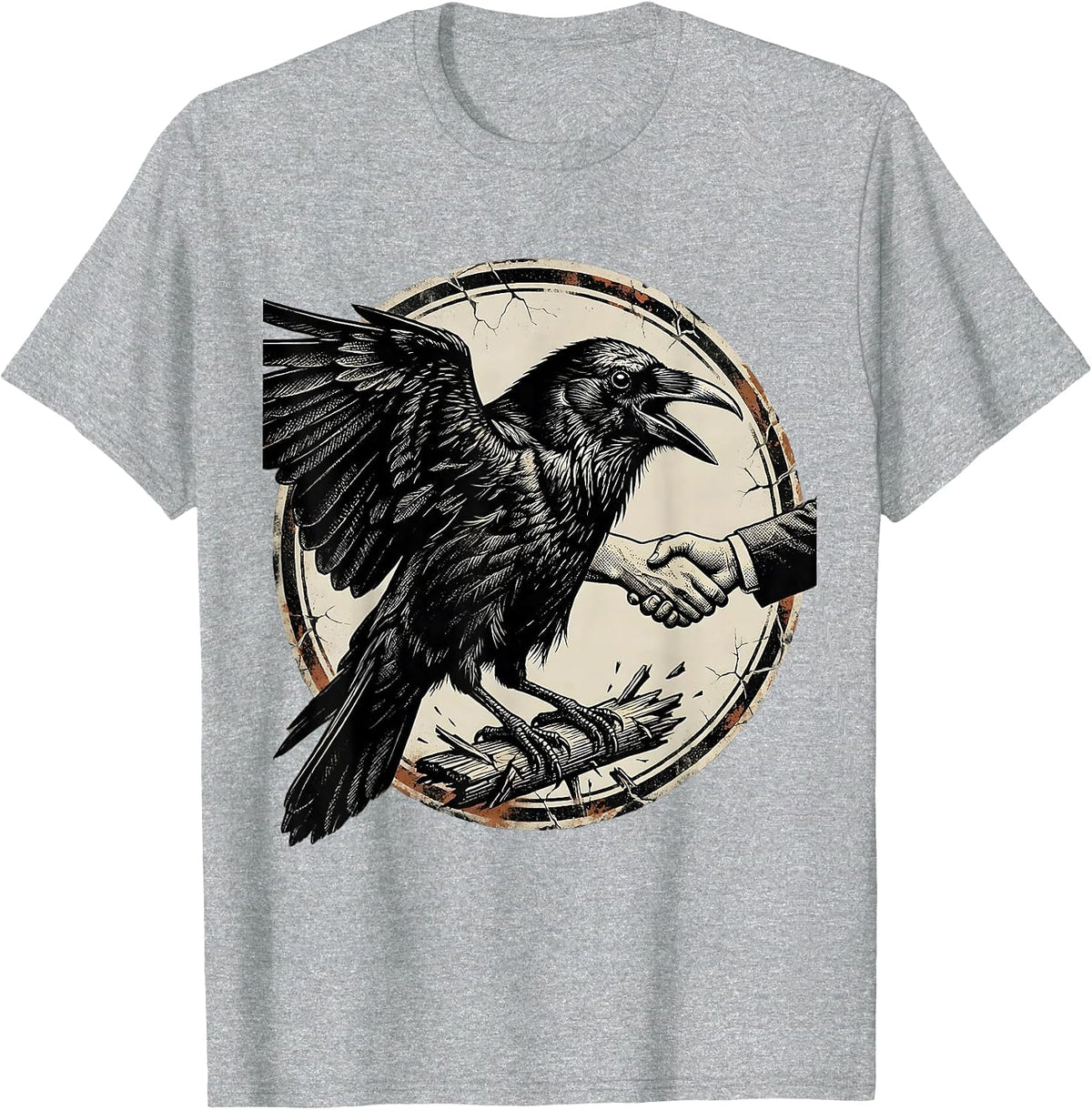 Men's Sealed Crow Badge Distressed Gothic Bird Lover T-Shirt - Heather Grey