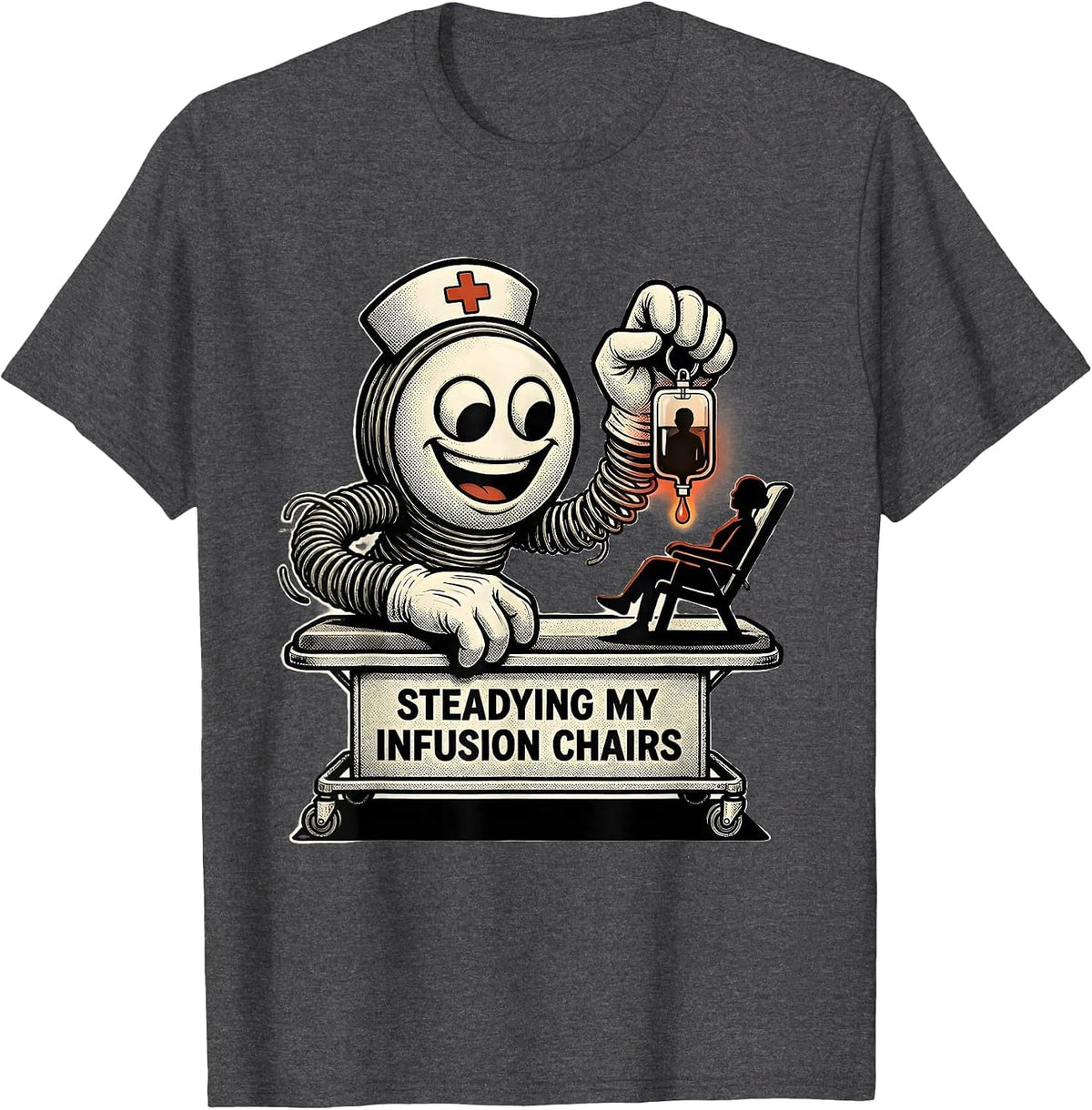 Men's Steadying My Infusion Chairs Retro Cartoon Nurse T-Shirt - Dark Heather Grey