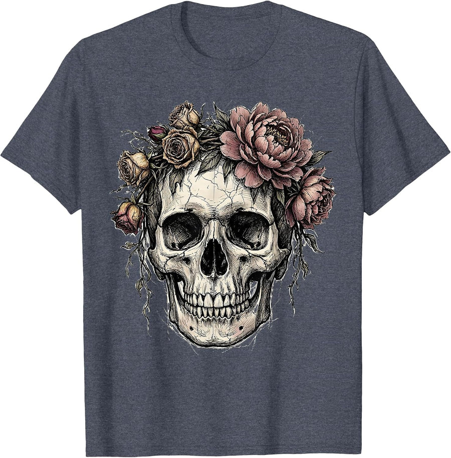 Skull Crowned With Wilting Flowers Emo Design T-Shirt - Heather Blue