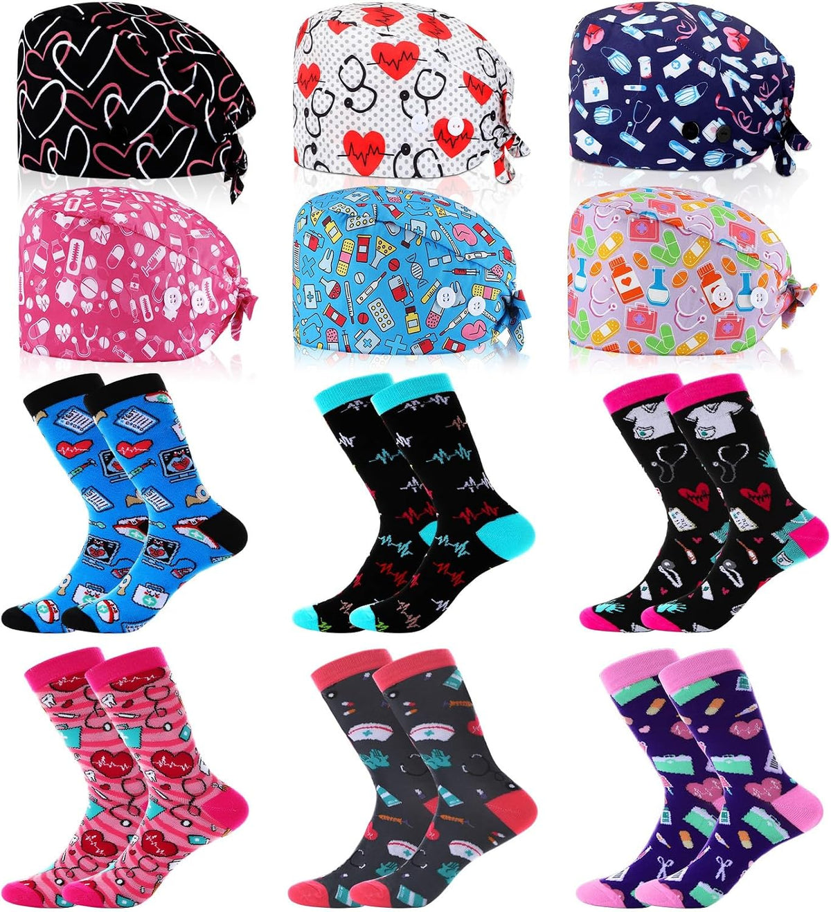 Skicuff 6 Sets Nurse Teeth Scrub Caps with Medical Socks for Women - Medical