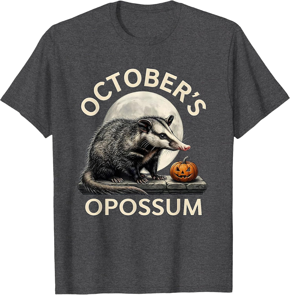 October's Opossum Naturalistic Halloween Spooky Moon Novelty T-Shirt - Dark Heather Grey