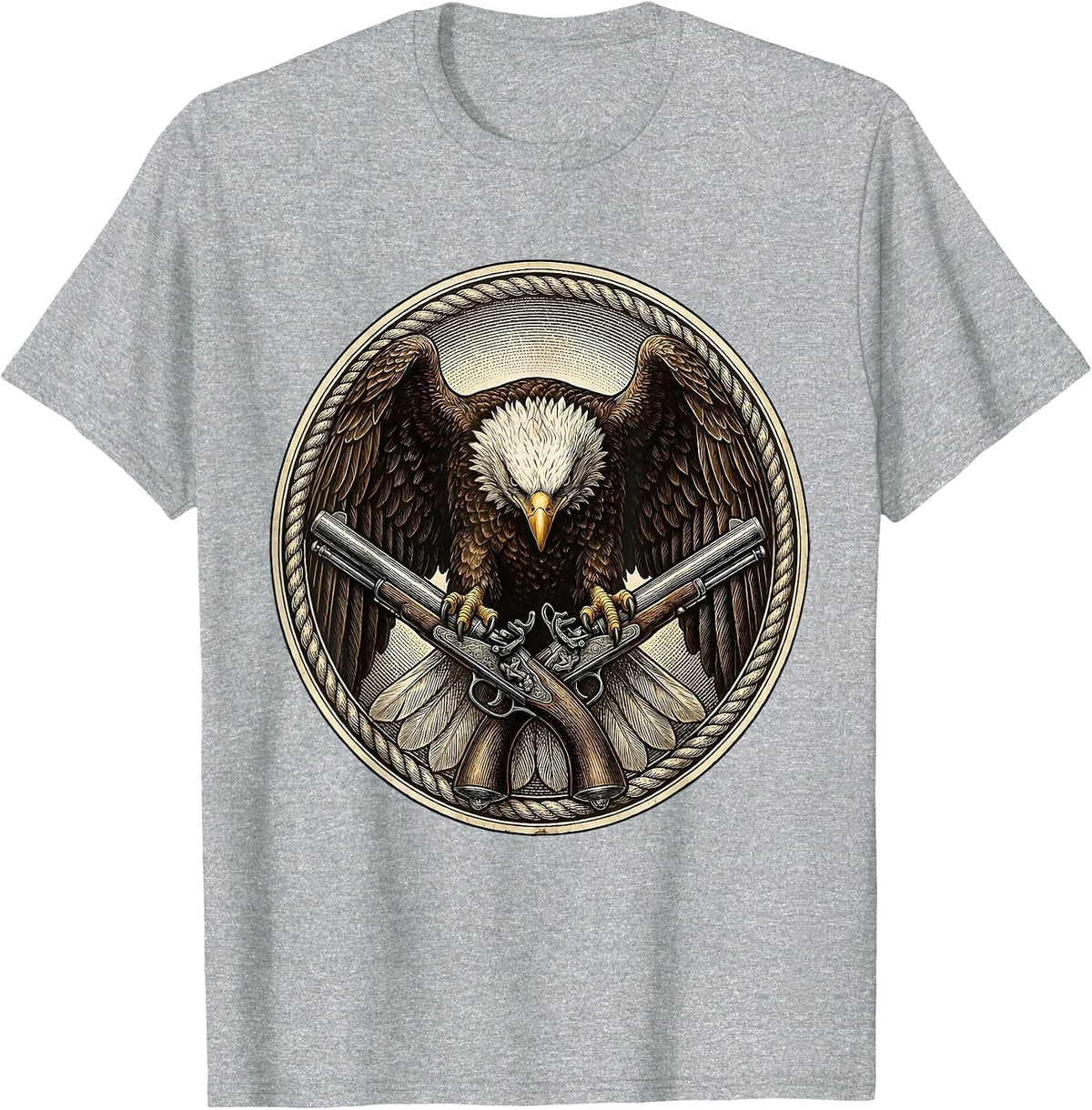 Men's Eagle Clutching Crossed Pistols Patriotic Design T-Shirt - Heather Grey