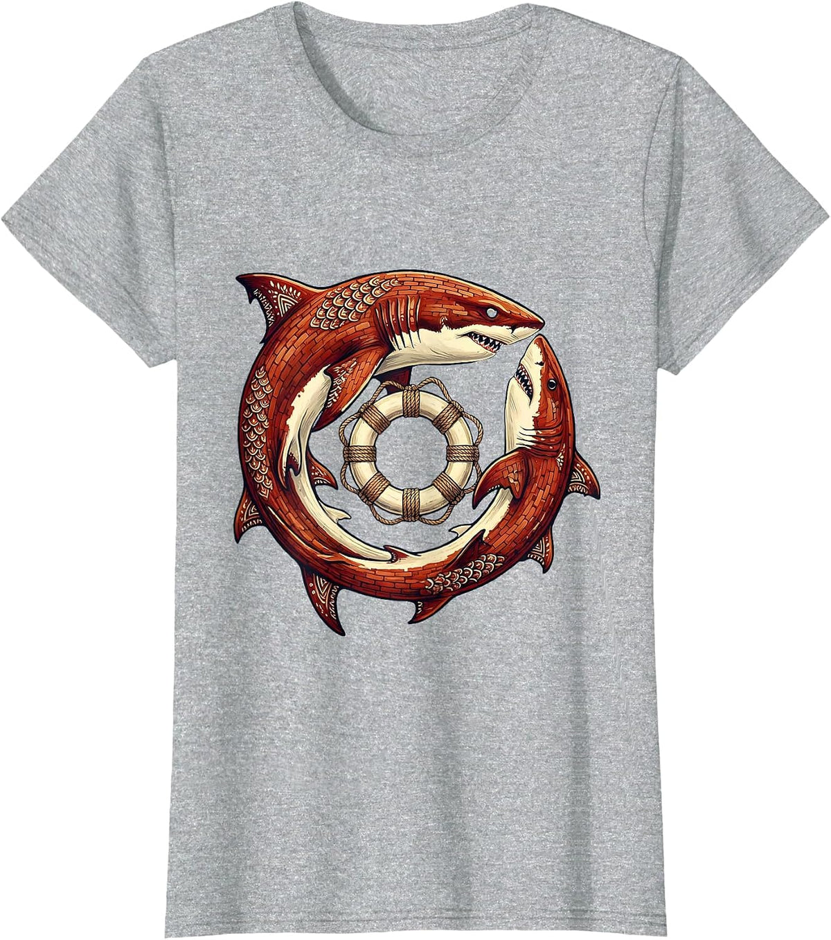 Women's Shark Circling Life Preserver Sailor Graphic T-Shirt - Heather Grey
